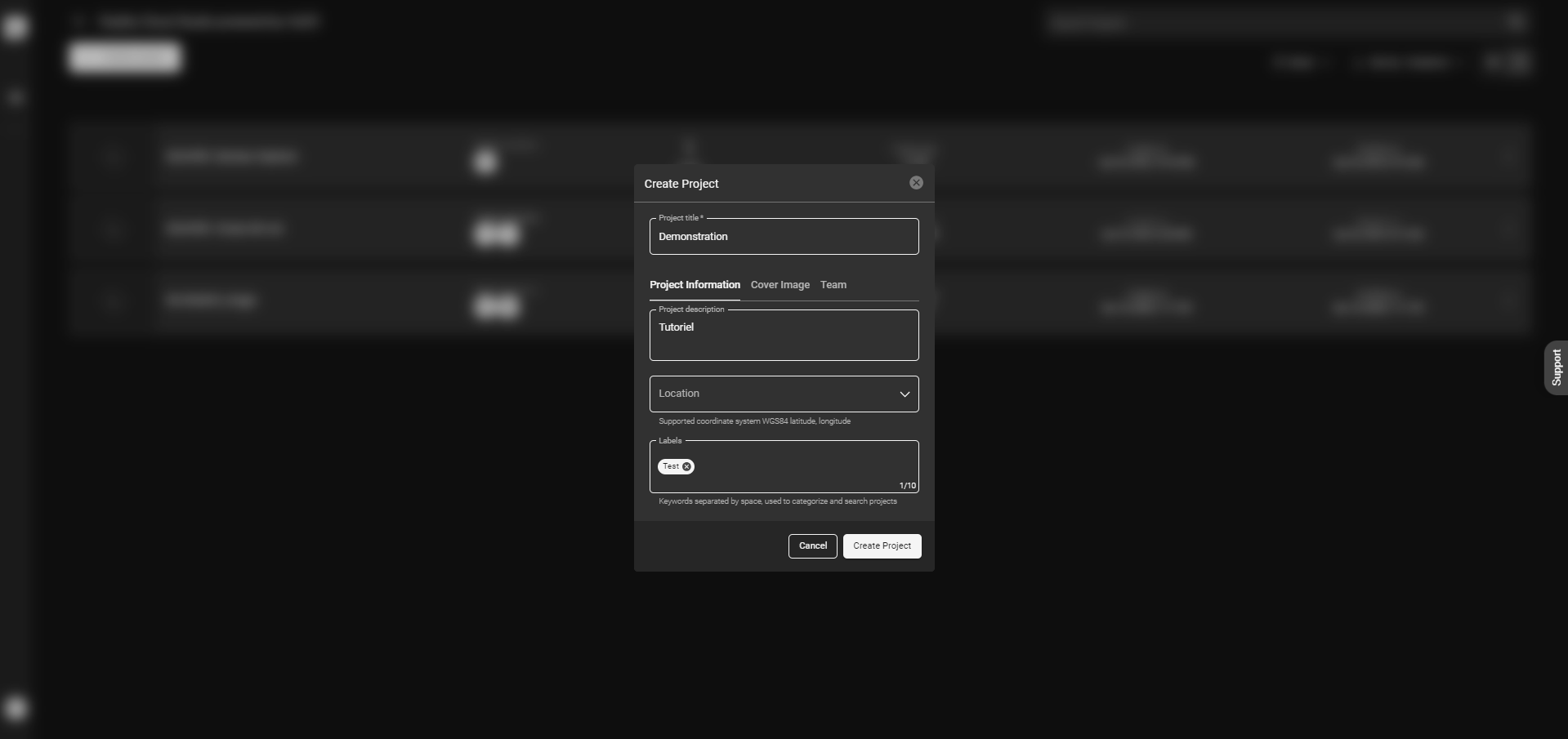 information pour création d'un nouveau projet